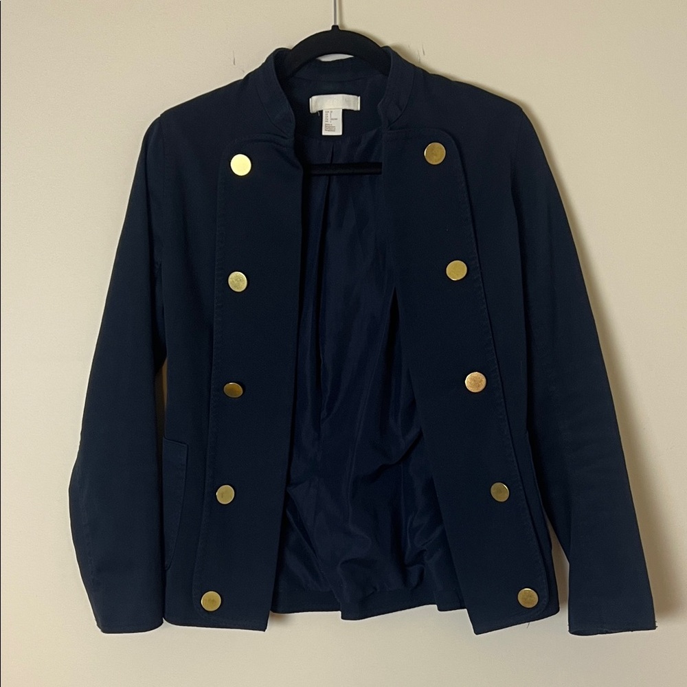 H&M sz 2 Navy Blue Military Style Jacket with Gold Buttons size EUC 100% cotton